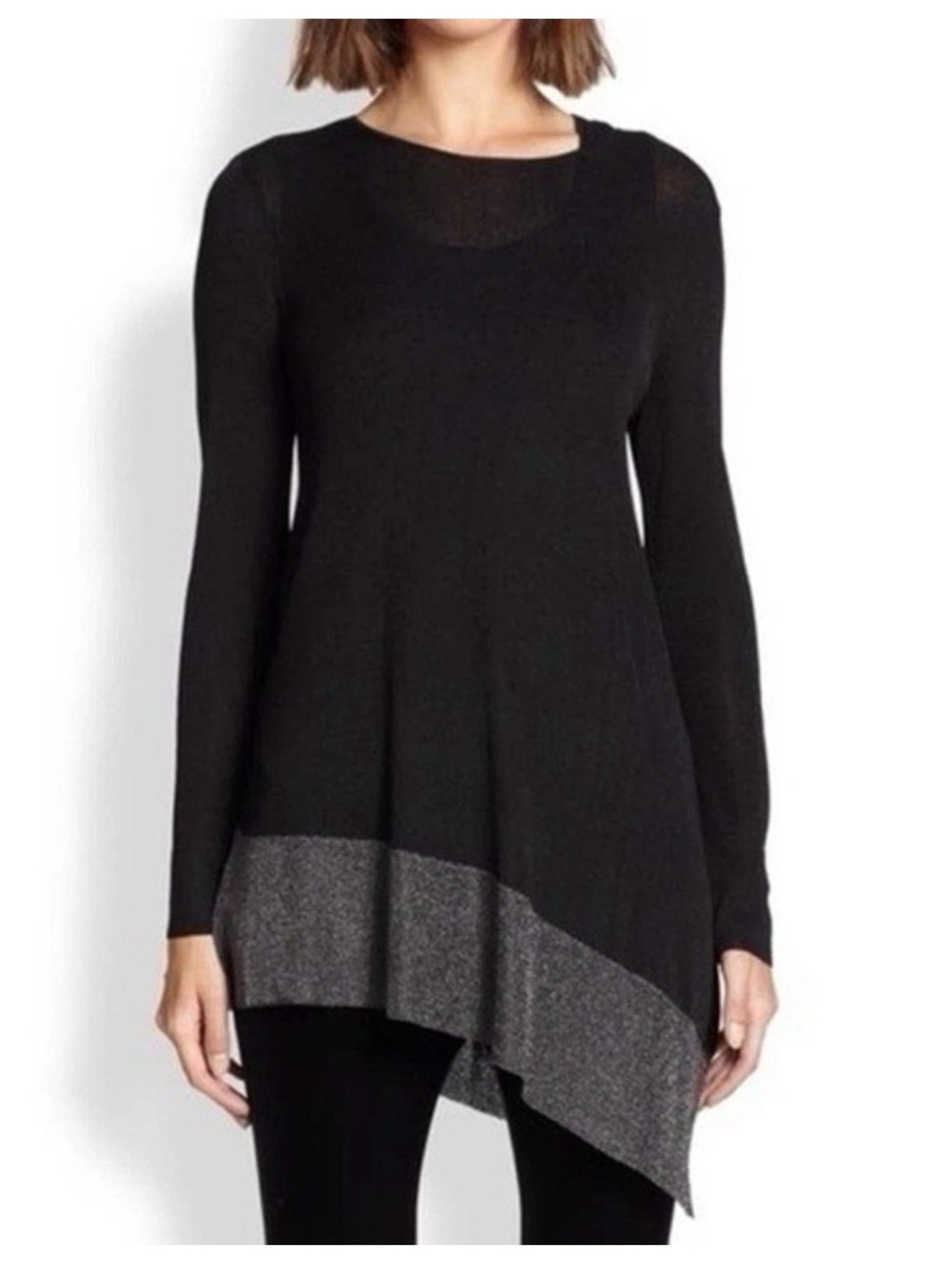 Eileen Fisher Asymmetric Metallic Silver Hem Knit Tunic Top M NWT